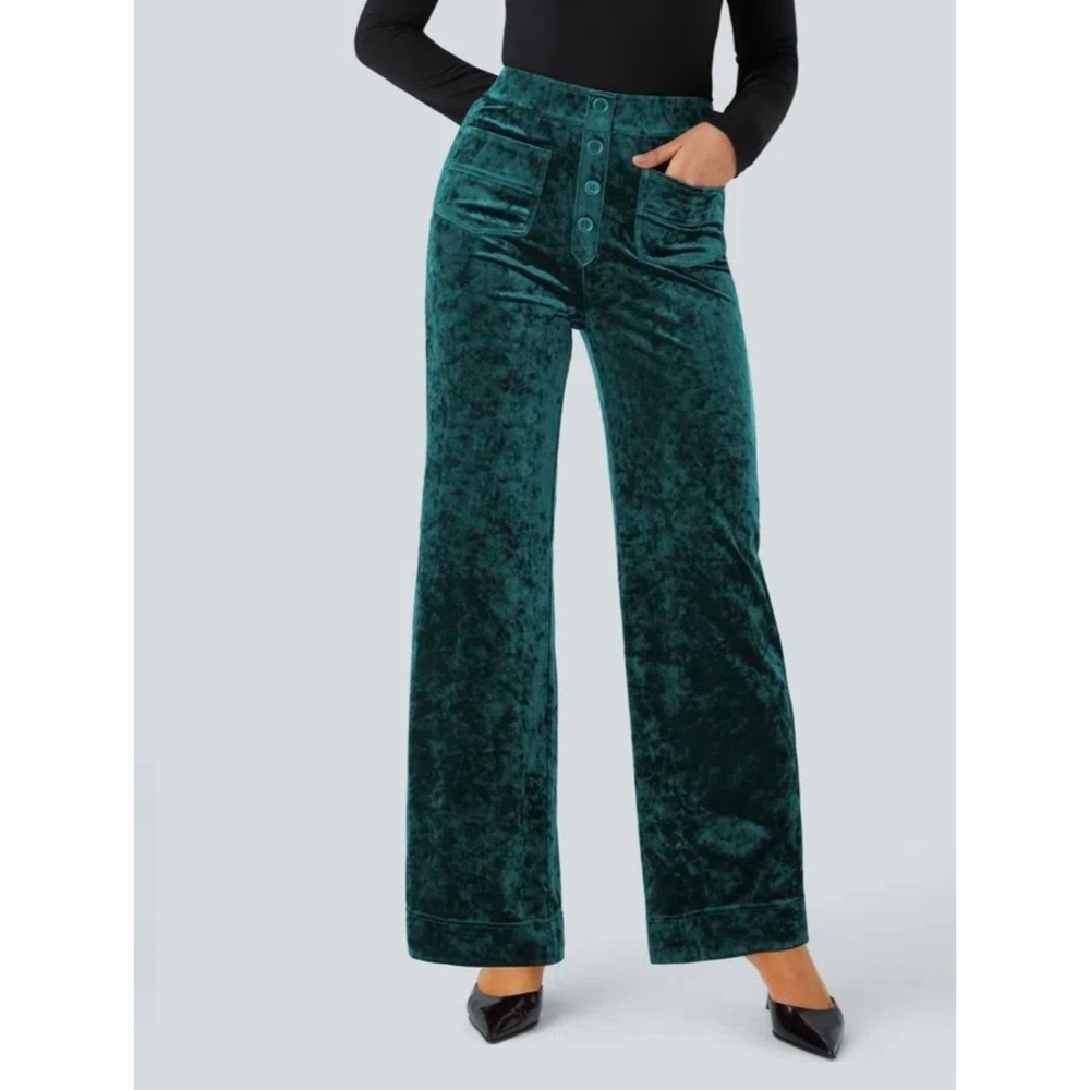 Halara High Waisted Straight Leg Velvet Pants Bistro Green Womens Size Small NWT